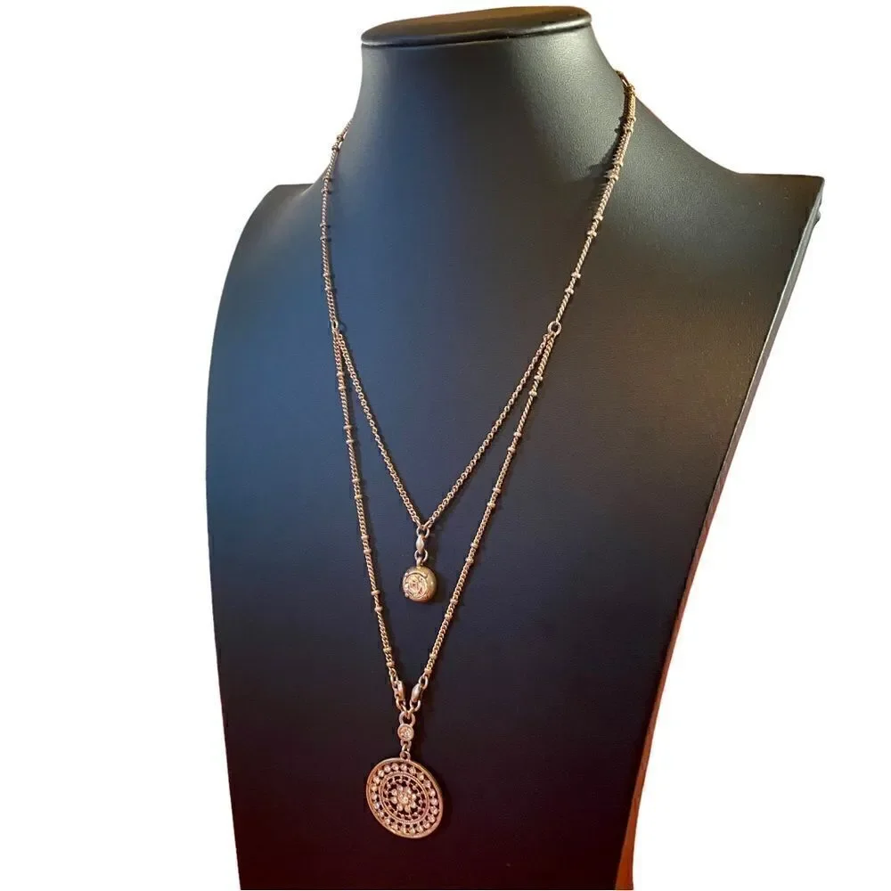 Beautiful Double Chain Matte Gold Toned Pave Crystal Pendant Necklace .